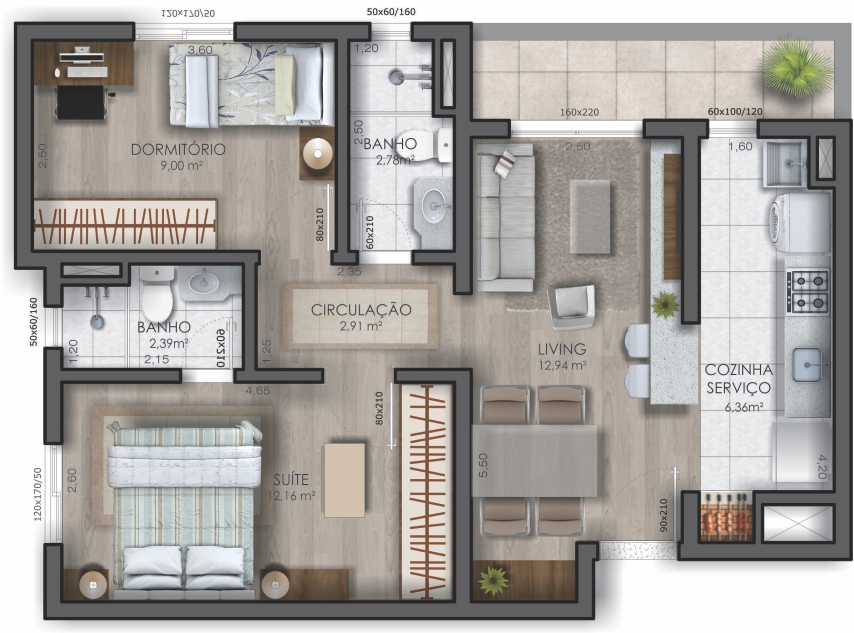 Apartamento 2 dormitórios – 66,12 m² – Unidade 203