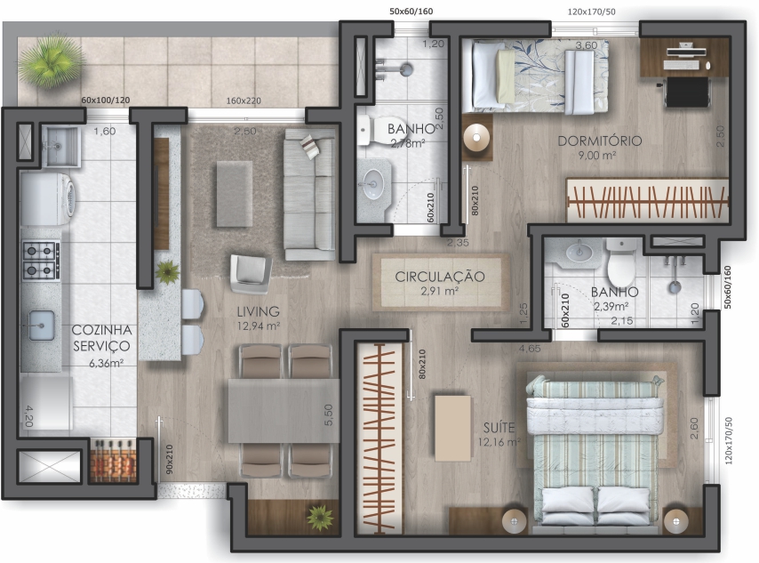 Apartamento 2 dormitórios – 66,12 m² – Unidade 204
