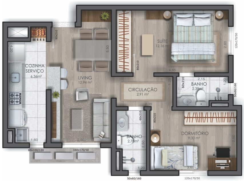 Apartamento 2 dormitórios – 61,06 m² – Final 01