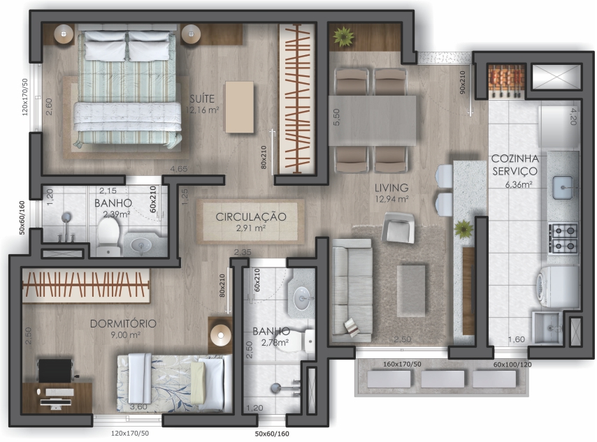 Apartamento 2 dormitórios – 61,06 m² – Final 02