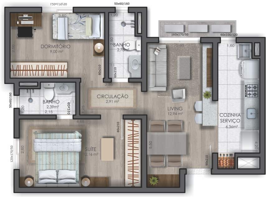 Apartamento 2 dormitórios – 61,06 m² – Final 03