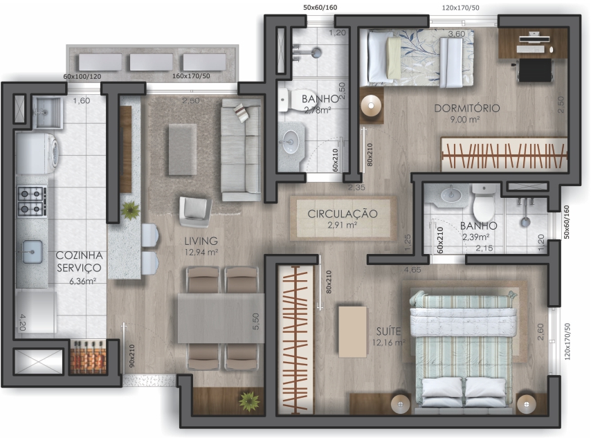 Apartamento 2 dormitórios – 61,06 m² – Final 04